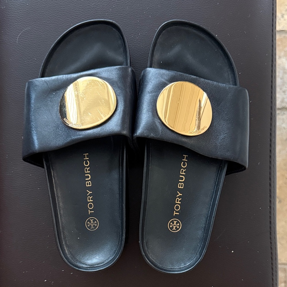 Tory Burch Black Slides with Gold Disc